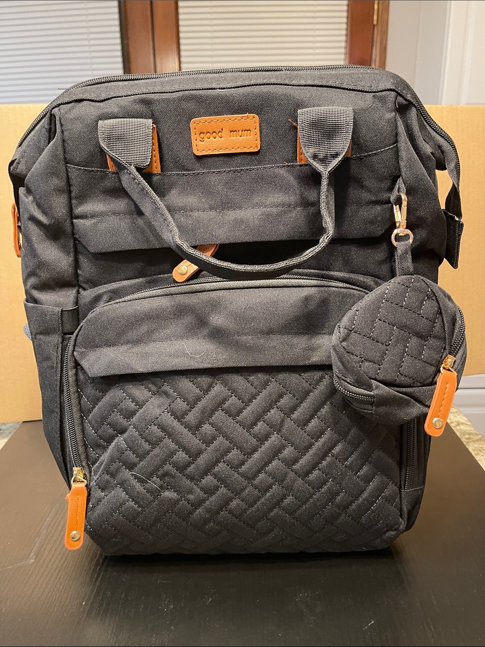 good mum Black Quilted diaper bag Backpack with Leather Accents